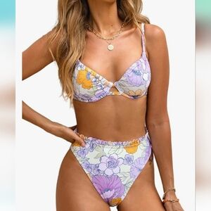 High Waisted Push Up Cheeky Drawstring Two Piece Bathing Suit L floral…